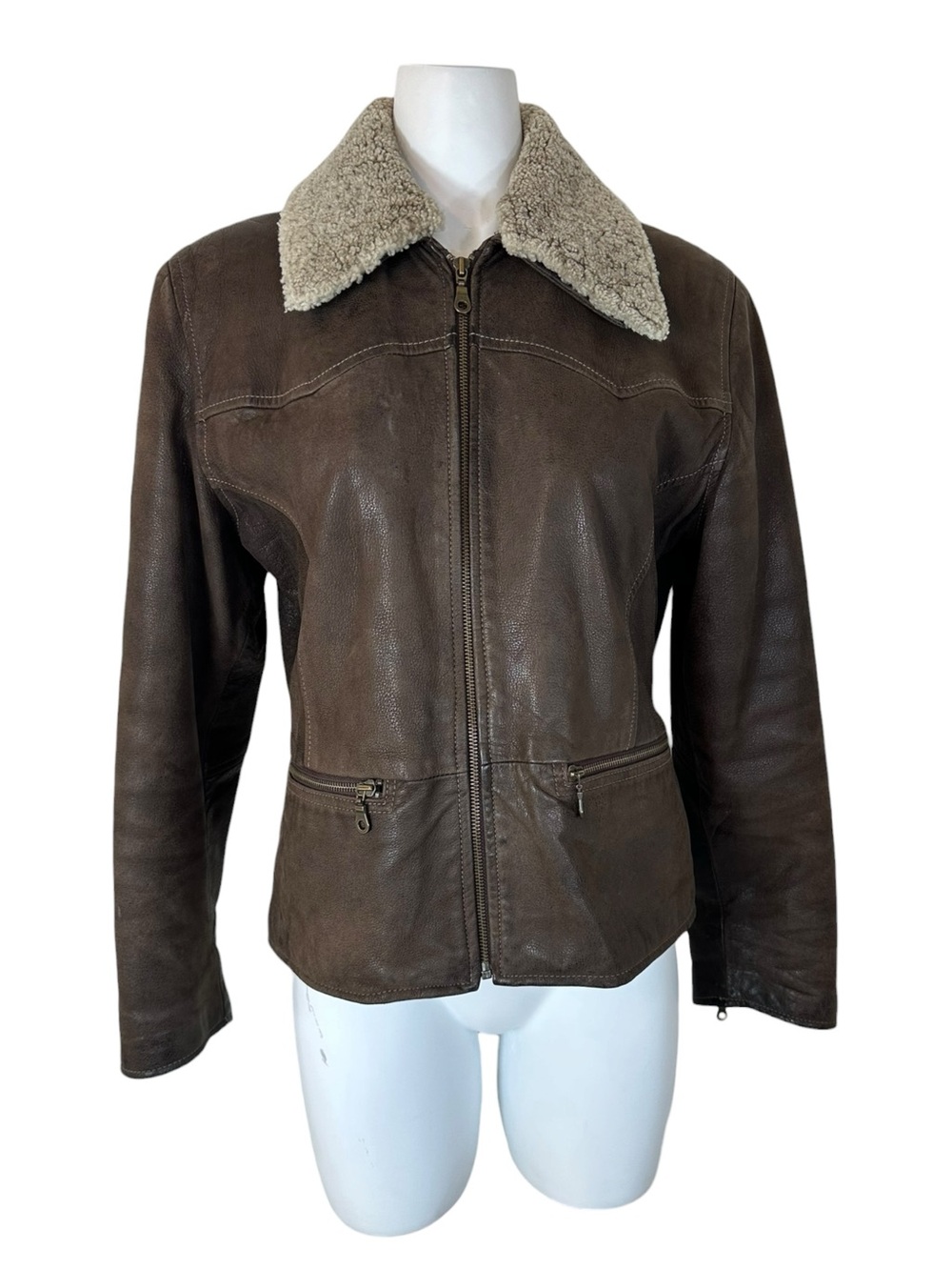 Vintage Selection Genuine Leather Jacket Sherpa Collar Brown Distressed Size L